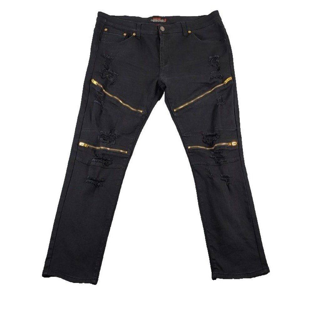 Copper Rivet Stretch Biker Zipper 5 Pocket Denim Jeans Distressed Mens 38X32